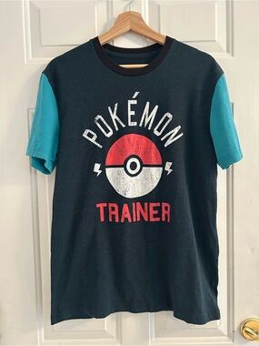 Pokemon Black Tee with Teal Sleeves and Red/White Pokeball